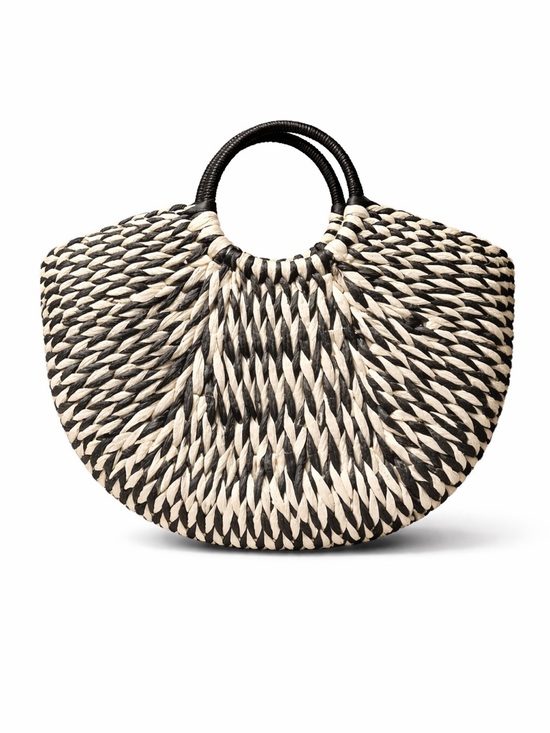 Boutique Handbags - Black Ivory Woven Raffia Tote Bag Boho Coastal Round Handle Anthropologie Style